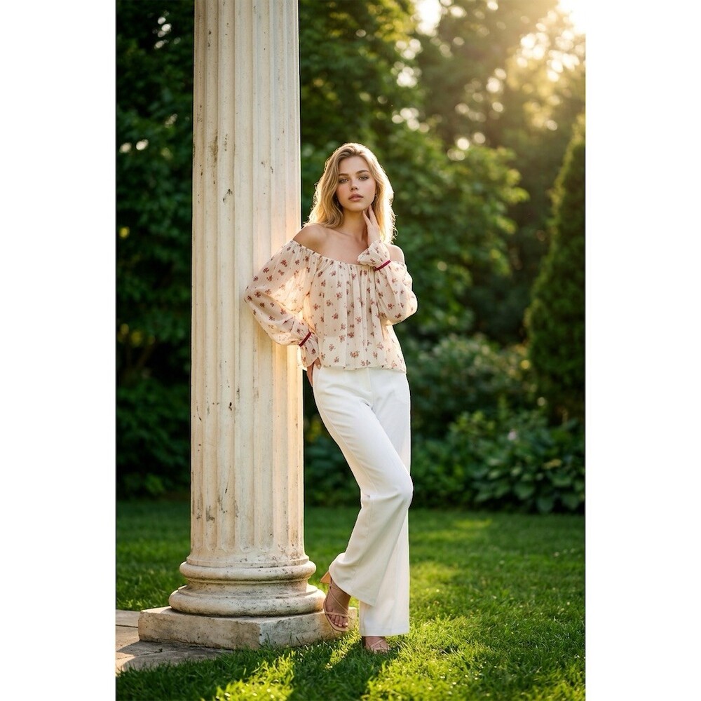 Idem Ditto Womens Blouse Size M Ivory Floral Off Shoulder Bow sleeves nwt - Picture 3 of 6